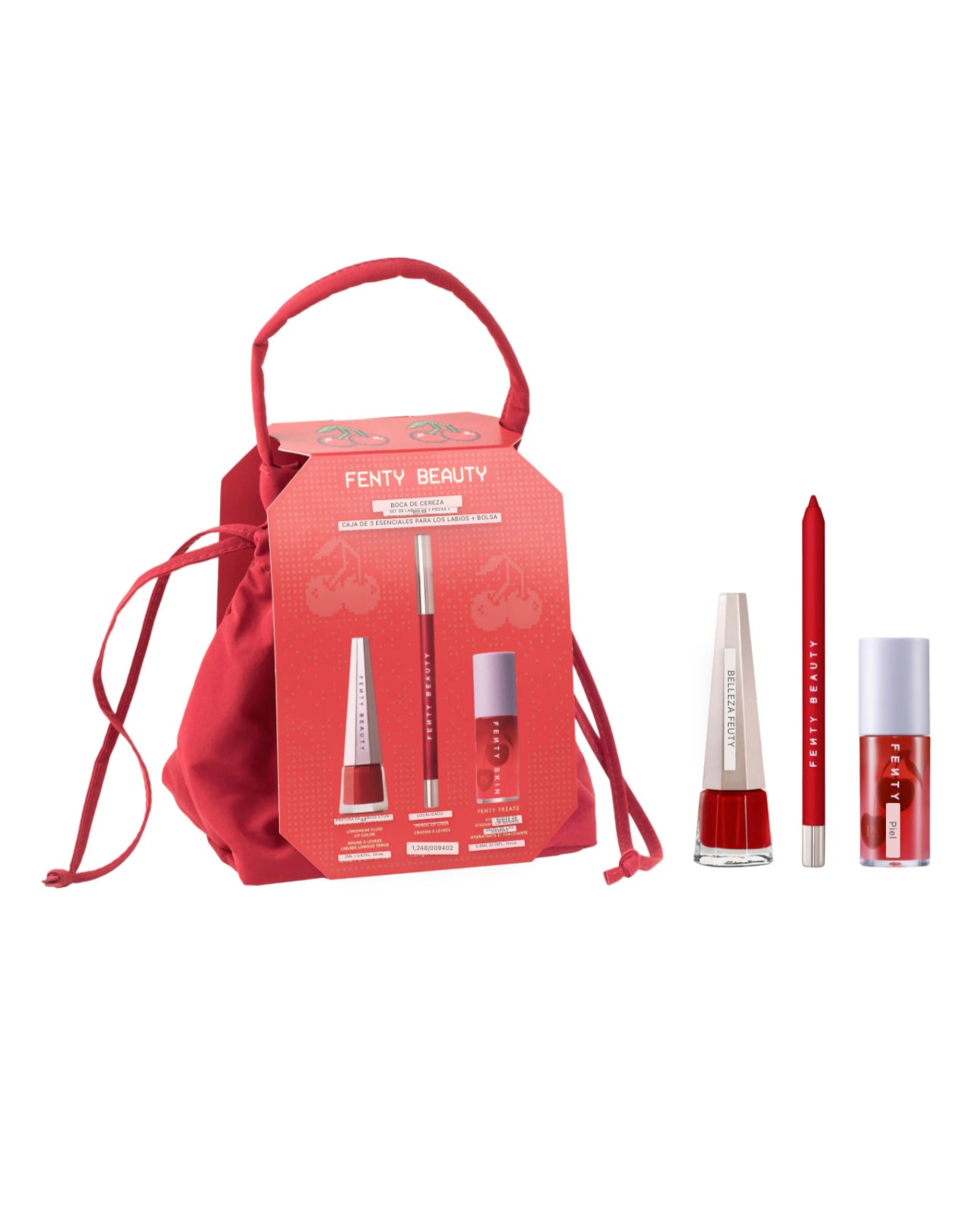Fenty Beauty de Rihanna
Juego de labios de 3 piezas Cherry Mouth + bolsa