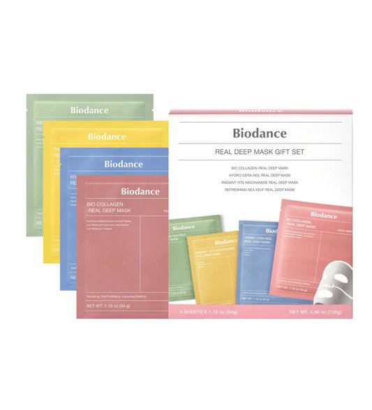 Biodance Set de regalo Real Deep Mask - 4 mascarillas para el cuidado de los poros, hidratación, tratamiento calmante y de manchas oscuras