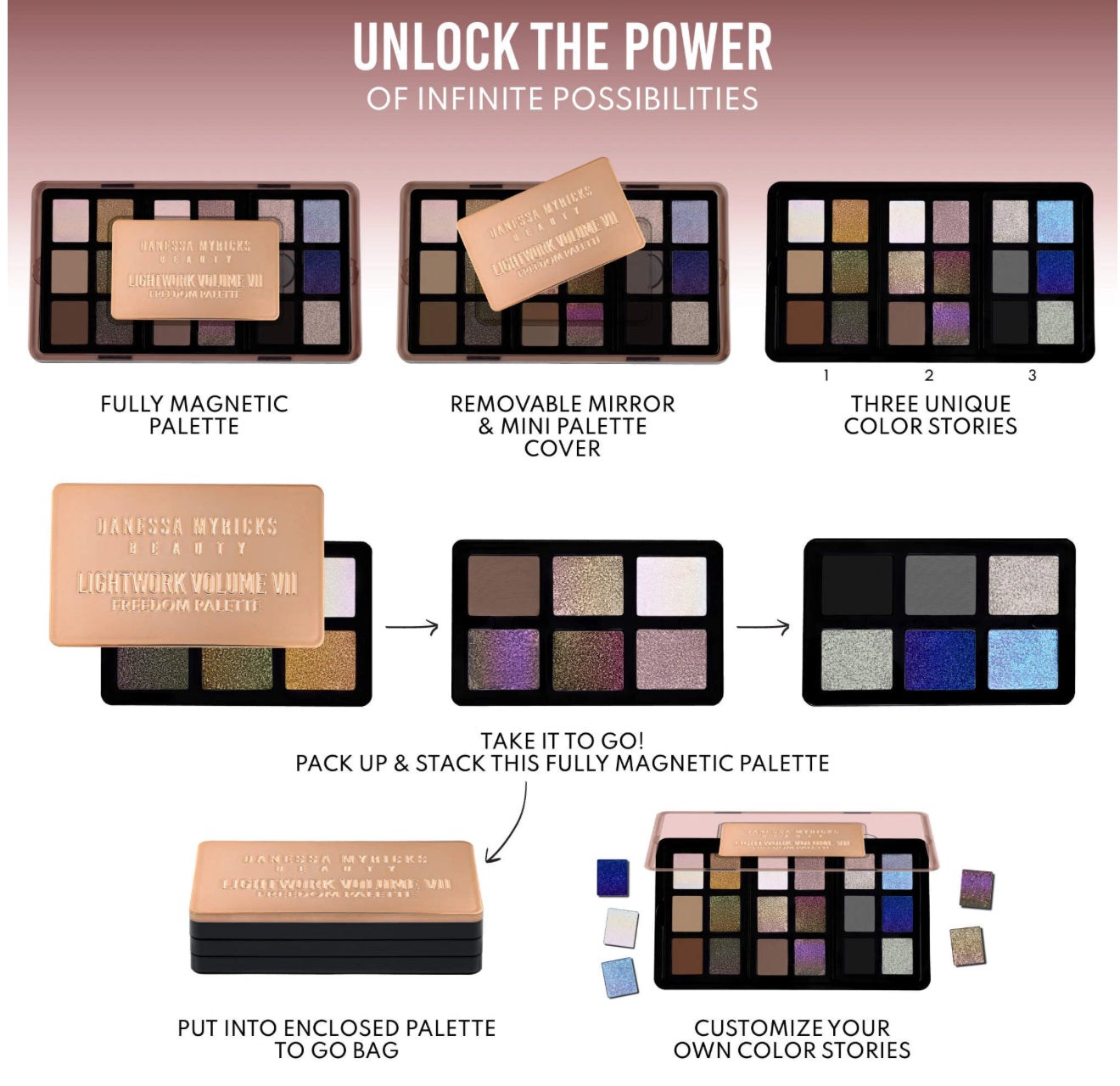 Belleza de Danessa Myricks 
LIGHTWORK VII The Freedom Makeup Palette: Paleta magnética, personalizable y apilable con pigmentos iluminadores para ojos, cara y labios