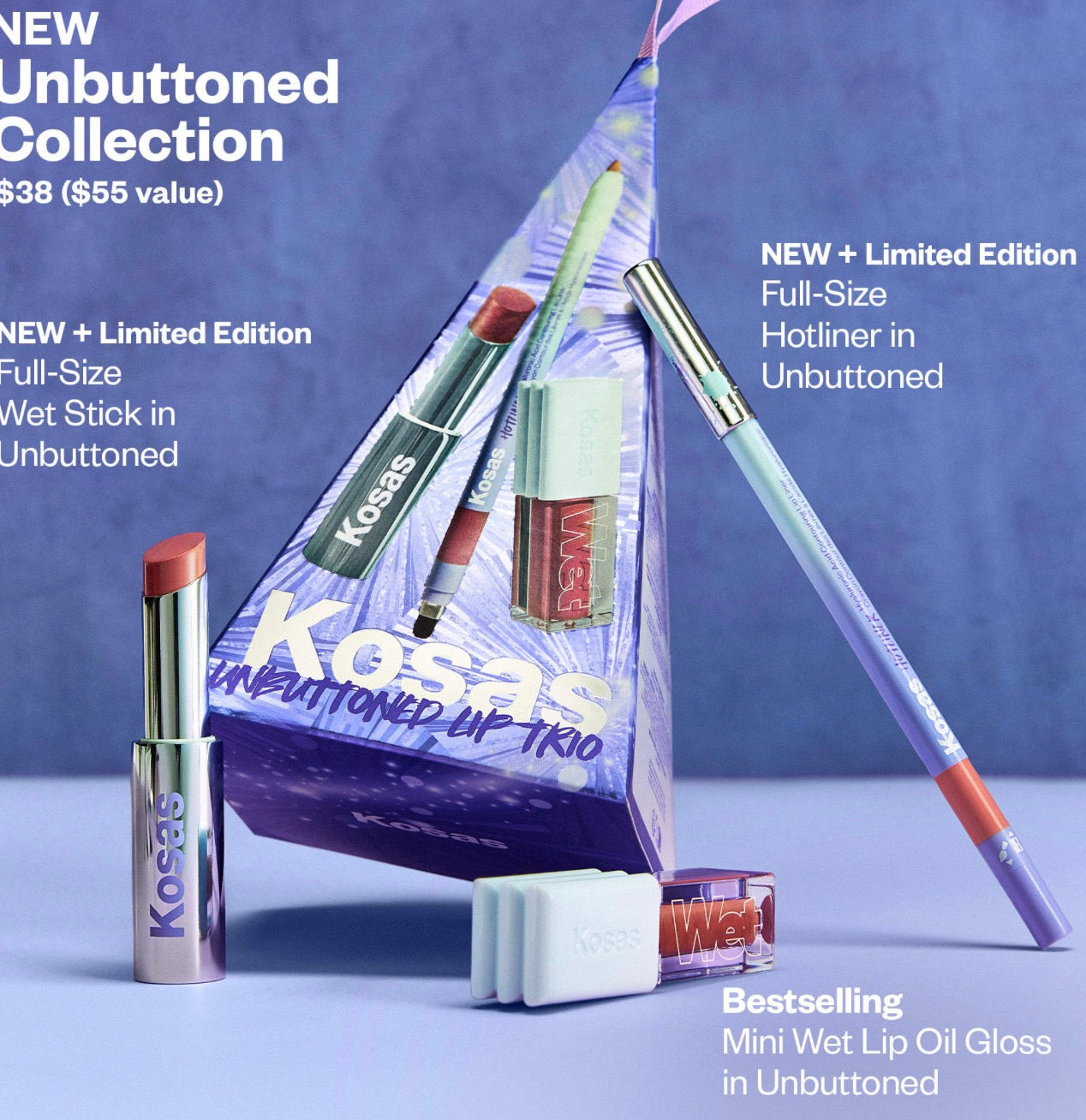 Kosas 
Unbuttoned Lip Liner, Lipstick, and Gloss Gift Set