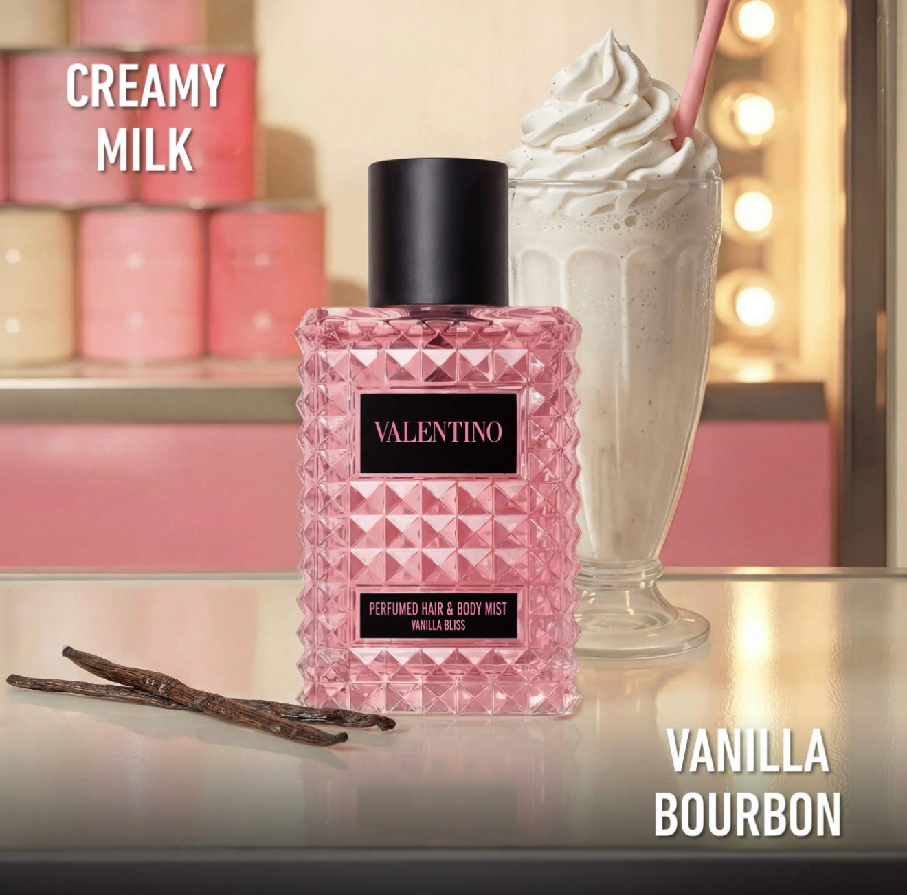 Valentino 100ML 
Born in Roma Vanilla Bliss Hair & Body Mist perfume para cabello y cuerpo