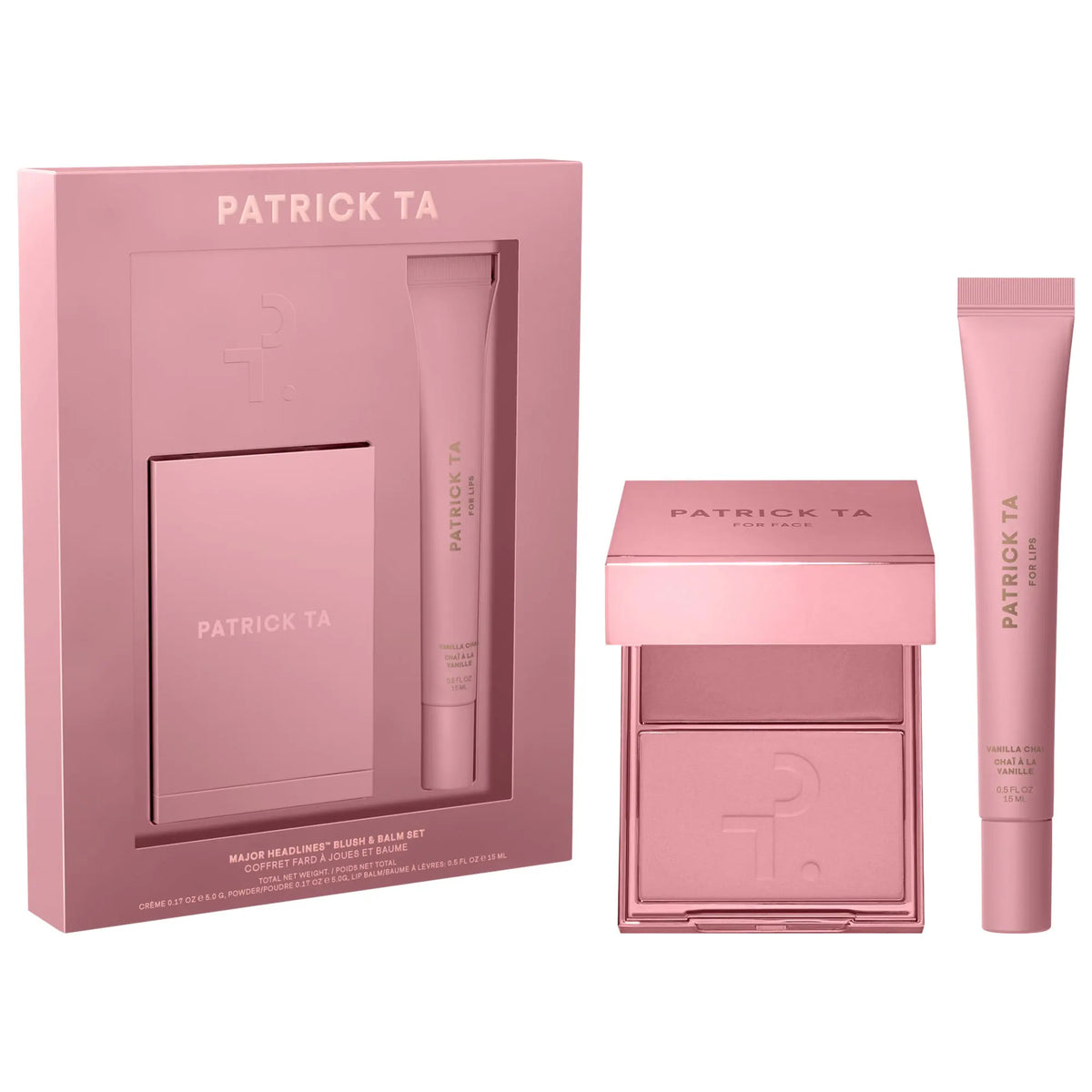 PATRICK TA 
Major Headlines Double-Take Crème & Powder Blush Duo & Lip Balm Makeup Gift Set
