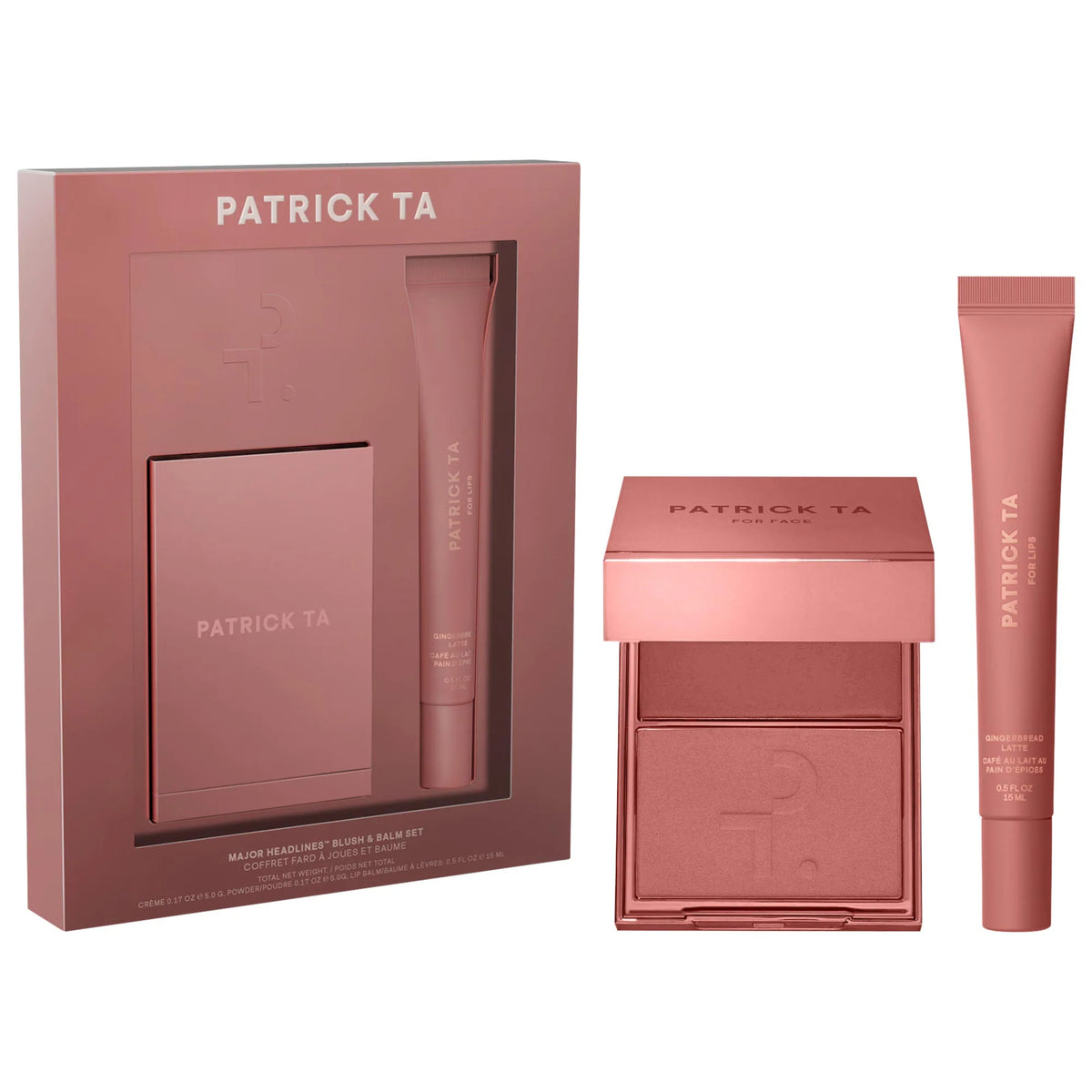 PATRICK TA 
Major Headlines Double-Take Crème & Powder Blush Duo & Lip Balm Makeup Gift Set